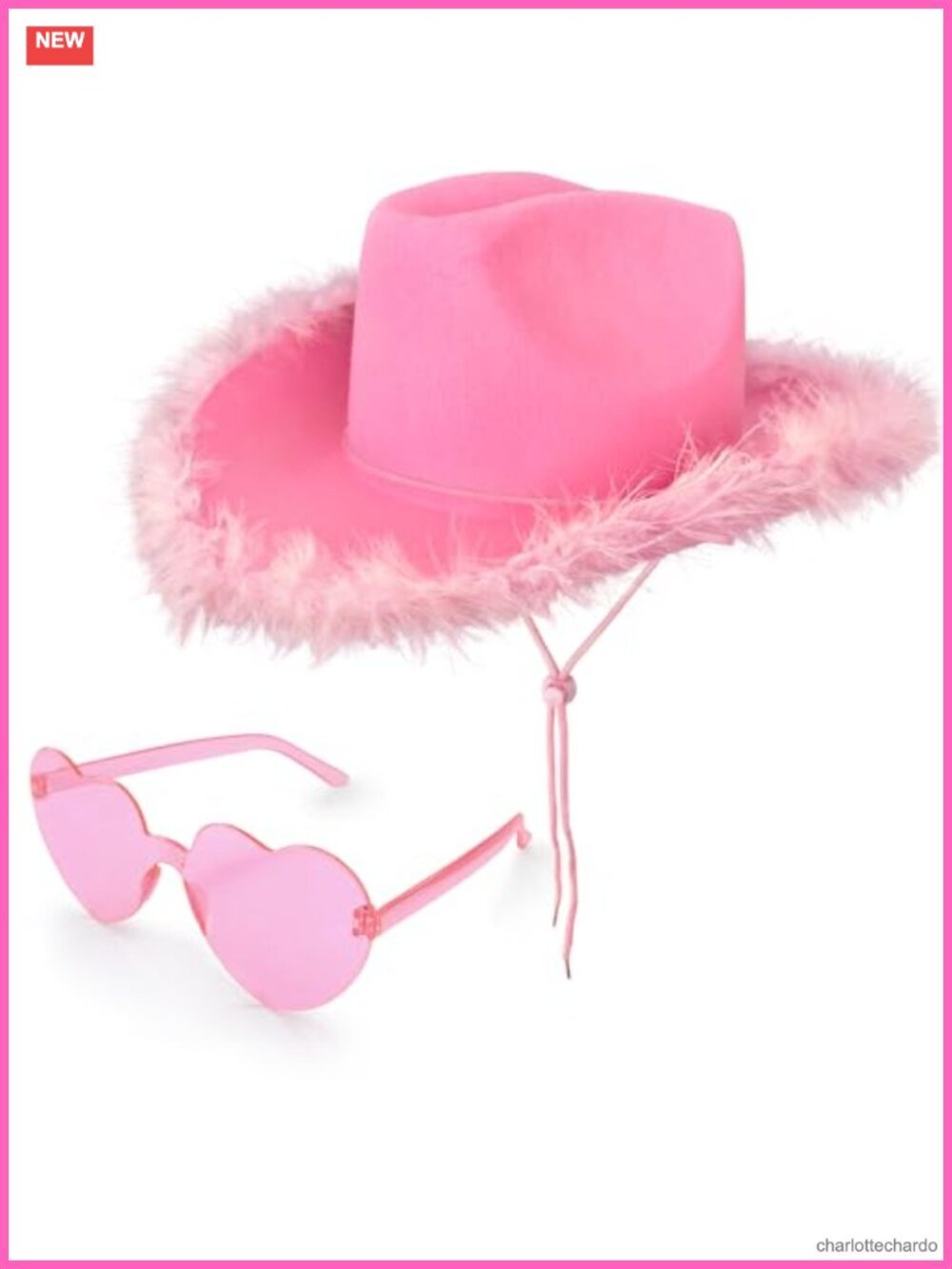 Pink Cowgirl Hat with Heart Sunglasses and Feather Boa Costume Set